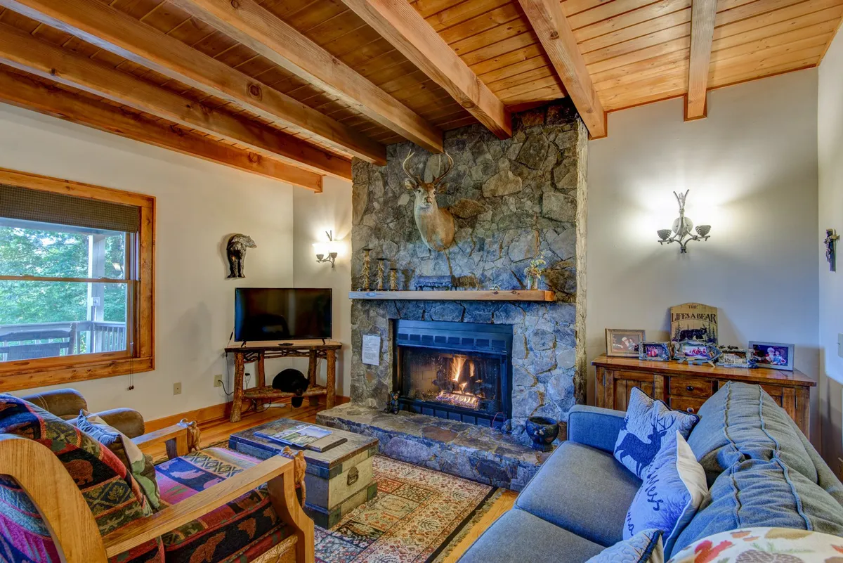 This image showcases a cozy interior living space with a fireplace, a comfortable sofa, wooden beams overhead, a stone wall, and a television positioned for group viewing. The ambiance is warm and welcoming, inviting relaxation and social gatherings.